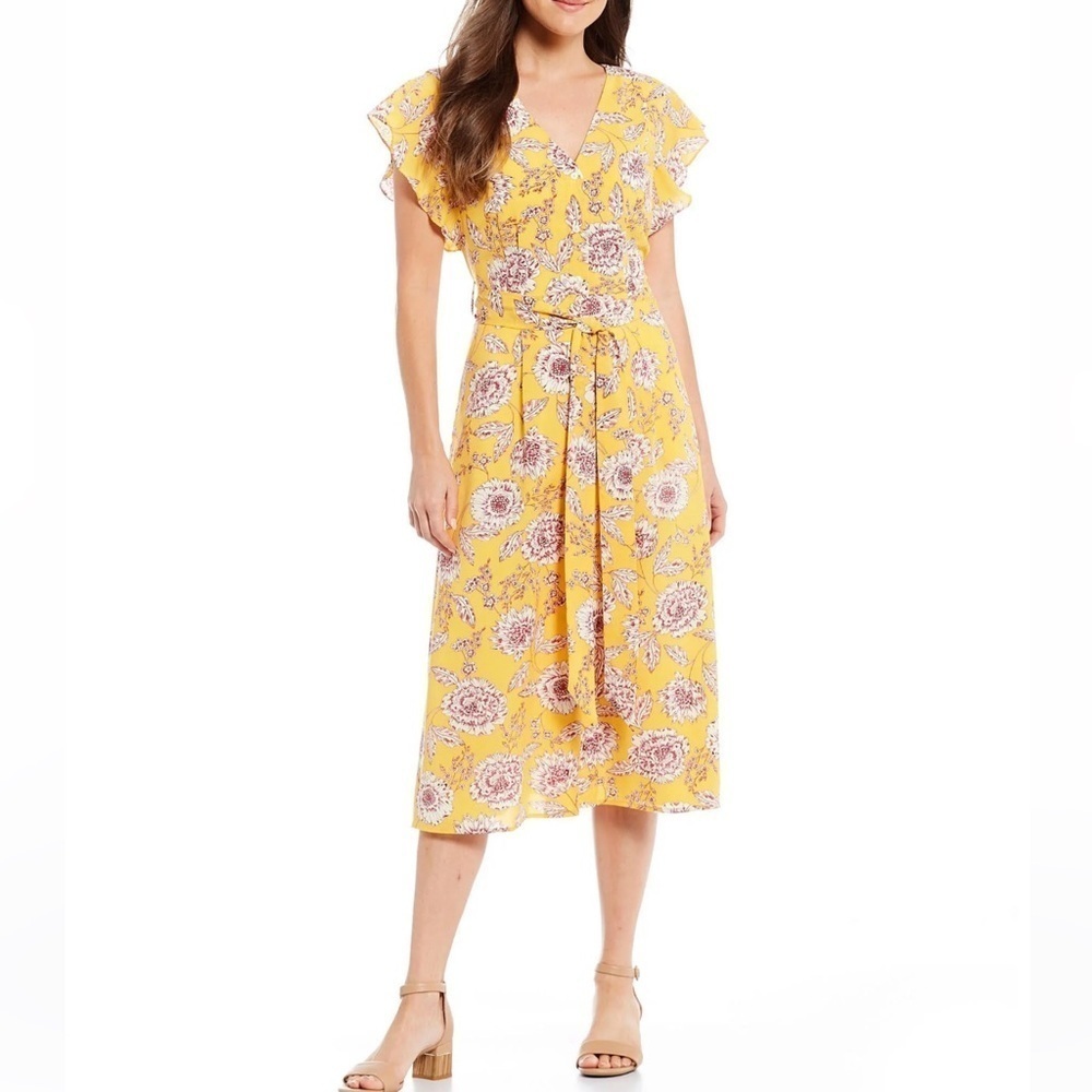 Alex Marie Yellow Ivory Floral Cap Sleeve Tie Front A-line MIDI dress size 8